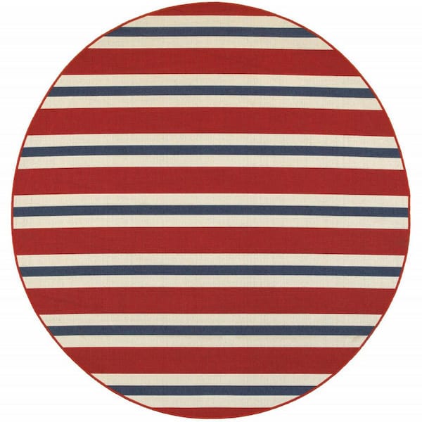 HomeRoots Red, Ivory 8 ft. x 8 ft. Loomed Geometric Polypropylene Round Indoor/Outdoor Area Rug