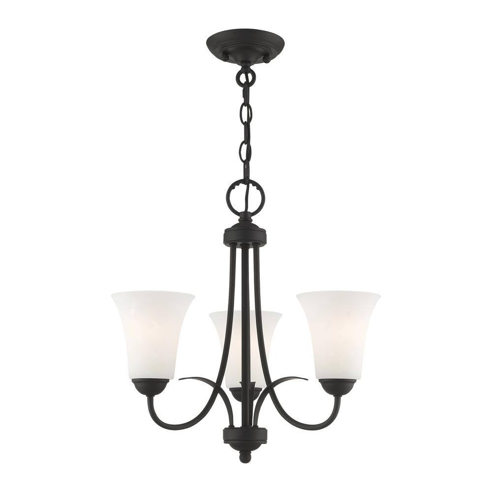 Elegant Mini 3-Light Chandelier with Satin Opal White Glass - Black