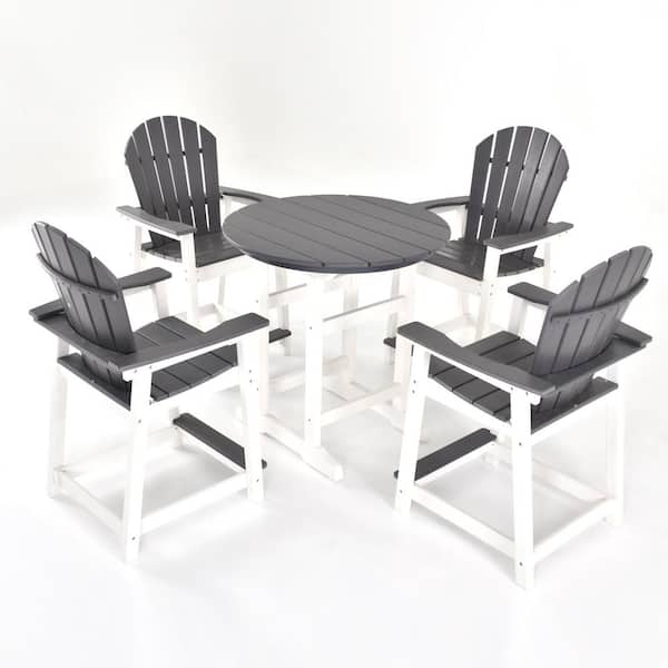 White Gray 5-Piece HDPE Plastic Outdoor Bistro Set, Patio Dining Set with Bar Stool and Bar Table for Garden Backyard
