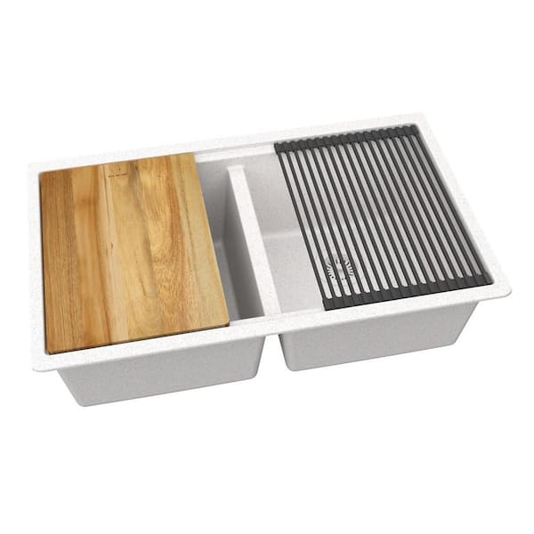 Elkay Quartz Classic 33 in. x 22 in. x 9-1/2 in. Equal Double Bowl Undermount Workstation Sink 4-Pieces Kit White