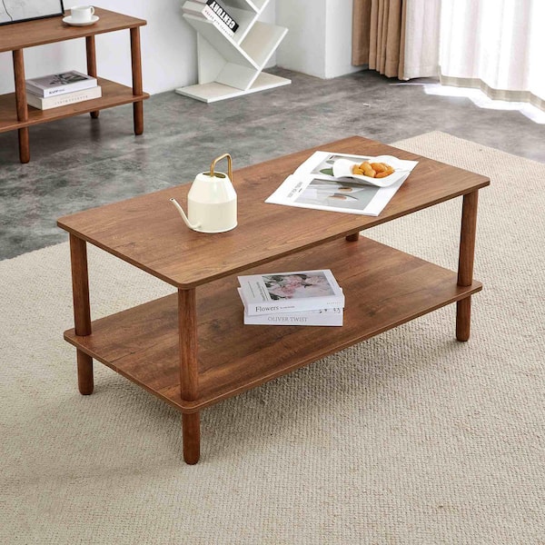 39.3 in. Walnut Round MDF Coffee Table with Storage and Shelves