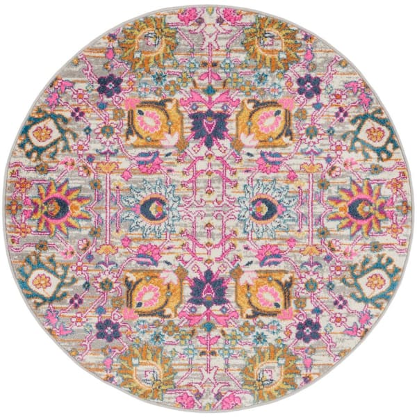 Nourison Passion Silver 4 ft. x 4 ft. Floral Transitional Round Area Rug