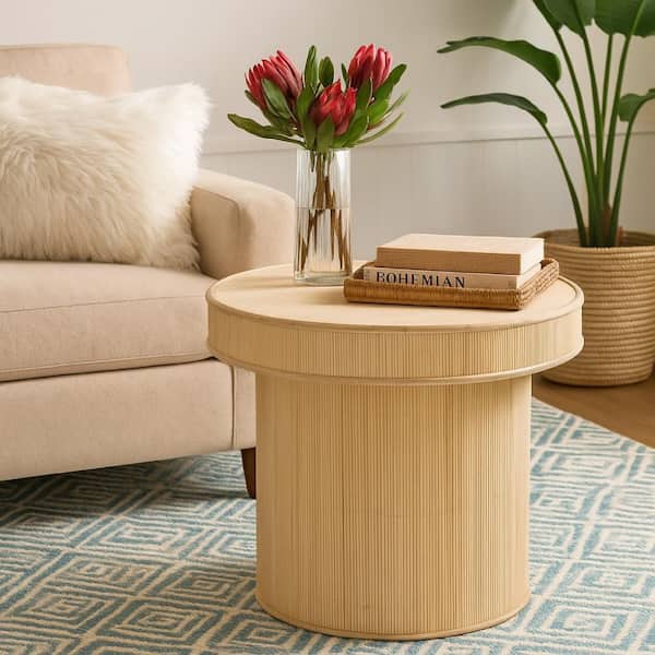 Tyl 22 in. Natural Brown Round Bamboo and Plywood Side End Table