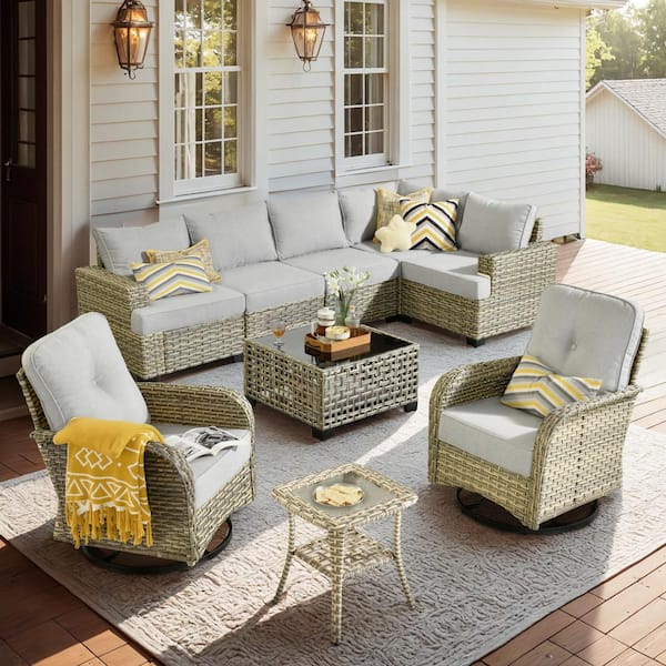 HOOOWOOO Kelleys 9-PC Wicker Modern Outdoor Patio Conversation Sofa Set with Swivel Chairs, a LED Table and Light Grey Cushions