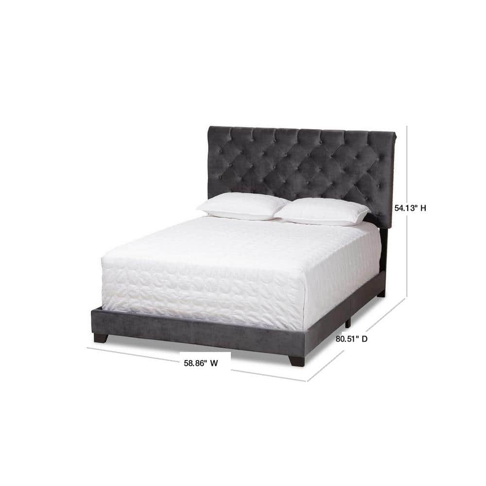 Luxurious Dark Grey Velvet Full Bed with Tufted Headboard and Nailhead Trim