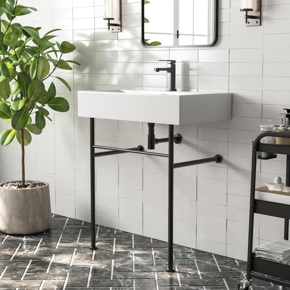 30" White Ceramic Console Sink with Black Stainless Steel Legs