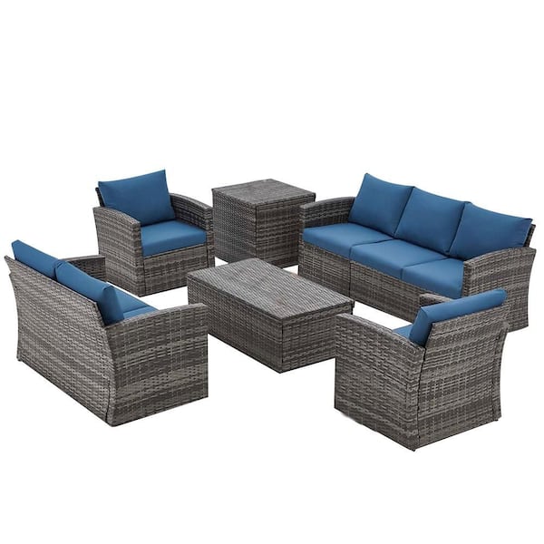 Sudzendf Grey 7-Piece Wicker Patio Conversation Set with Dark Blue Cushions and Two Storage Boxes for Garden, Deck