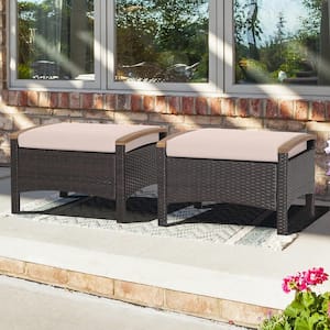 2-Piece Wicker Outdoor Patio Ottomans Wooden Handles Rattan Knitting Foot Pedal with Beige Cushions