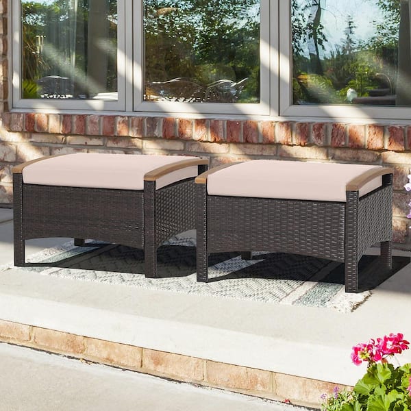 2-Piece Wicker Outdoor Patio Ottomans Wooden Handles Rattan Knitting Foot Pedal with Beige Cushions