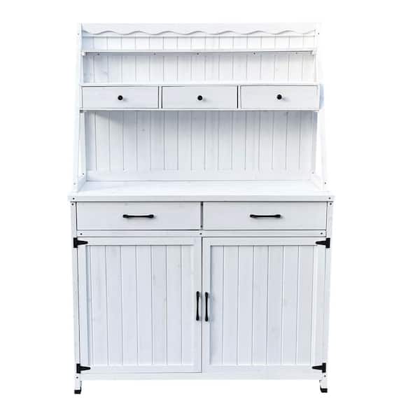 White Metal and Wood Outdoor Potting Bench Table, Wooden Gardening Table Tabletop and Storage Cabinet