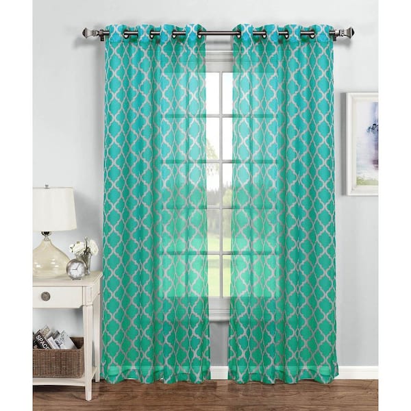 Window Elements Turquoise/White Trellis Grommet Sheer Curtain - 54 in. W x 96 in. L