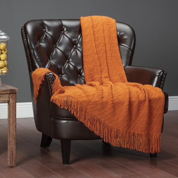 Textured Orange Bevel Knit Acrylic Throw Blanket with Tassels, 50 x 65 in.