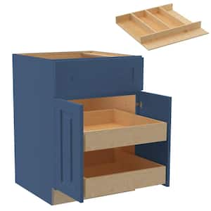 Grayson 24" x 34.5" x 24" Mythic Blue Painted Plywood Shaker Stock Assembled Base Kitchen Cabinet with 2-ROT Utility
