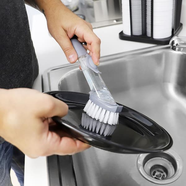 Heavy-Duty Soap Dispensing Plastic Dish Brush with No Slip Grip Handle, Grey