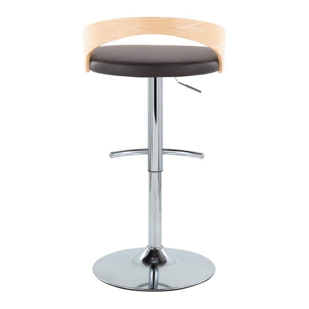 Set of 2 Adjustable Swivel Barstools with Black Leather Seat and Wood Back