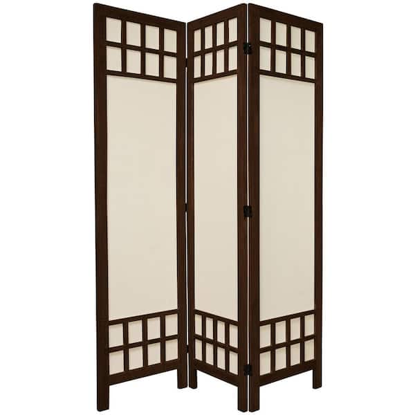 Oriental Furniture 5.5 ft. Burnt Brown Muslin Window Pane 3-Panel Room Divider