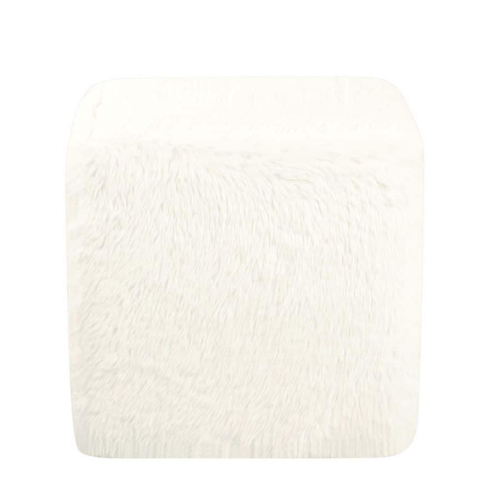White Faux Fur Cube Ottoman with Metal Base