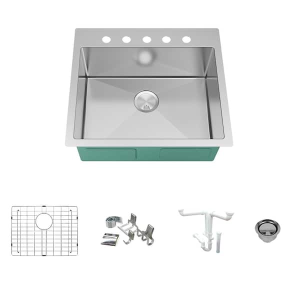 Transolid Diamond 16-Gauge Stainless Steel 25 in. Single Bowl Drop-In Kitchen Sink Kit with Magnetic Accessories
