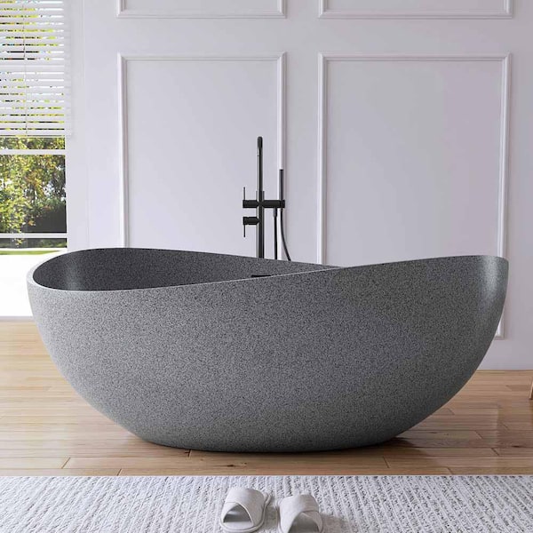 63 in. x 37 in. Wave Stone Resin Solid Surface Flatbottom Freestanding Soaking Bathtub in Gray with Terrazzo Texture