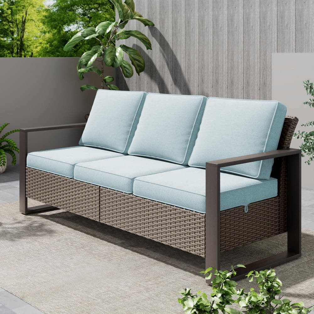 3-Seat Wicker Outdoor Patio Couch Sofa with Steel Frame and Faux Wood Armrests, Baby Blue Cushions price history on PriceWatchPro