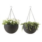 13.8 in. Dia Anthracite Round Resin Hanging Rattan Planter (2-Pack)