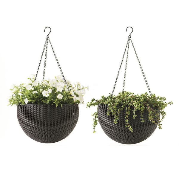 Keter 13.8 in. Dia Anthracite Round Resin Hanging Rattan Planter (2-Pack)