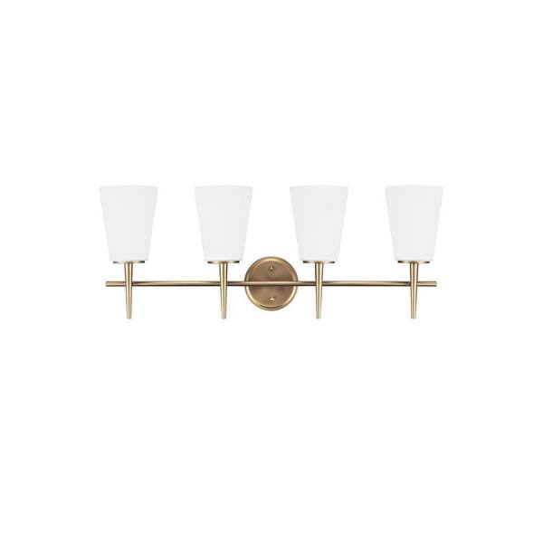 Generation Lighting - Driscoll 30 in. 4-Light Contemporary Modern Satin Brass Wall Bathroom Vanity Light with White Glass and LED Bulbs