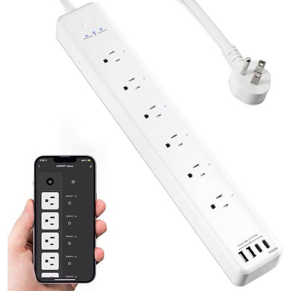 6-Outlet Smart Plug Power Strip Surge Protector with 6-Controlled Smart Outlets, USB Port and  5 ft. Cord in White