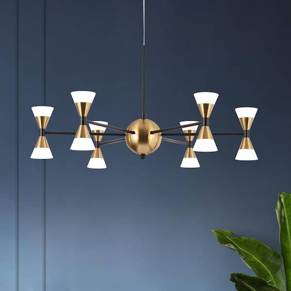 Zevni 23.5 in. 12-Light Integrated LED Brass Sputnik Chandelier, Black Pendant Light, Modern Acrylic Hanging Light Fixture