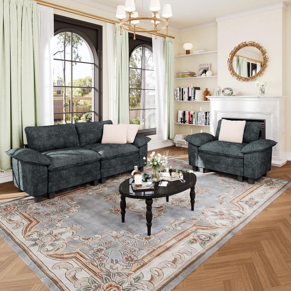 87.5 in. Flared Arm 3-Seat Chenille Modular Sectional Sofa in. Cerulean-Dark-Cyan with Throw Pillows for Living Room