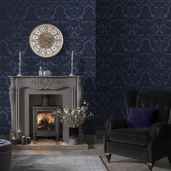 Gothic Damask Flock Cobalt Blue and Black Paste the Wall Wallpaper