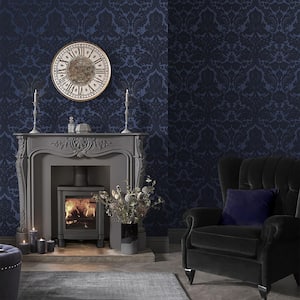 Gothic Damask Flock Cobalt Blue Removable Wallpaper Sample