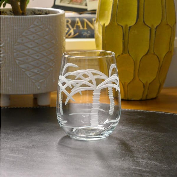  Rolf Glass Palm Tree Highball Glass 15 ounce, Set of 4 Cooler  Glasses, Lead-Free Crystal Glass, Etched Drinking Glass with Heavy Base