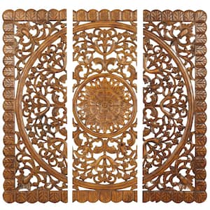 Wood Brown Handmade Intricately Carved Floral Wall Decor with Mandala Design (Set of 3)