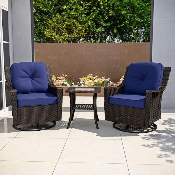 EAGLE PEAK Brown Rattan Wicker 3-Piece Outdoor Patio Conversation Set with Swivel Rocking Chairs, Table, and Blue Cushions