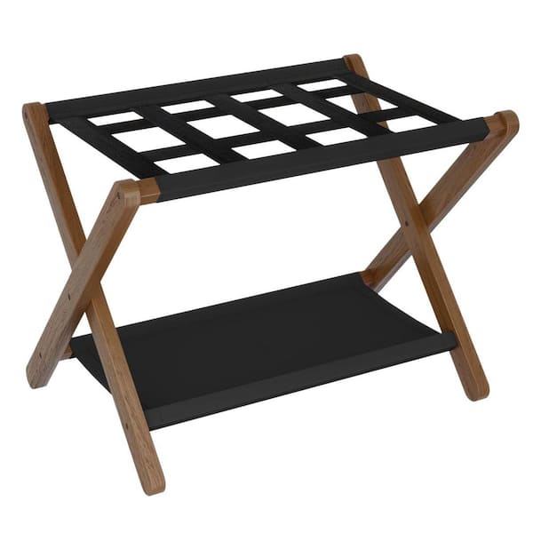 Walnut Luggage Rack with Storage Shelf and 5 Nylon Straps, Folding Suitcase Stand for Guest Room, Bedroom, Hotel