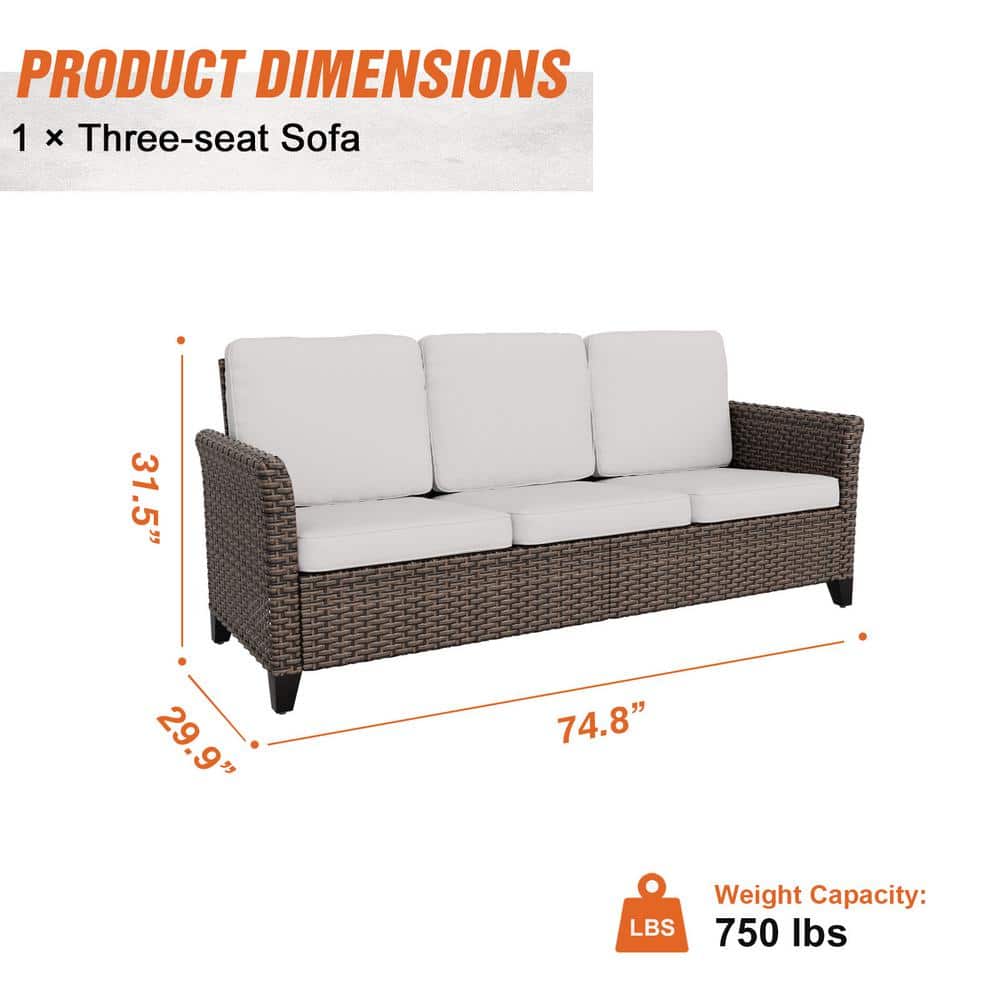 Outdoor Multi-Brown Wicker and Steel 3-Seat Sofa with Beige Cushions