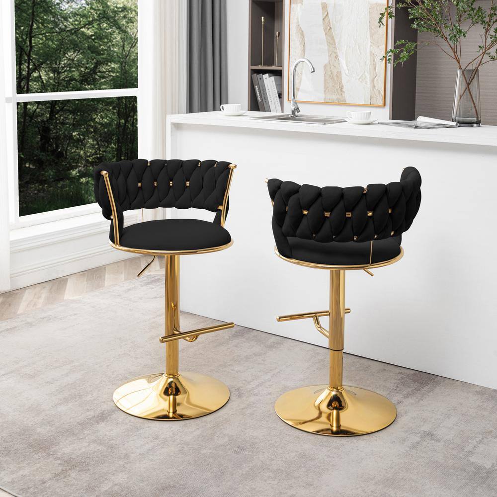Black Velvet Adjustable Swivel Bar Stools with Gold Frame, Set of 2