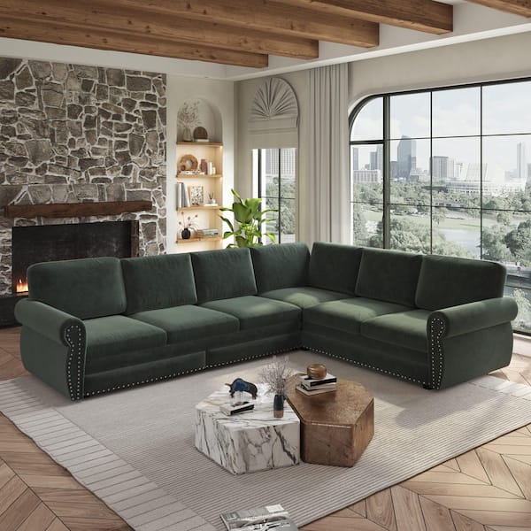 Louise 118 in. Rolled Arm Chenille Upholstered L-Shaped Sectional Sofa in. Green with Pull-Out Bed, Nailhead Trim
