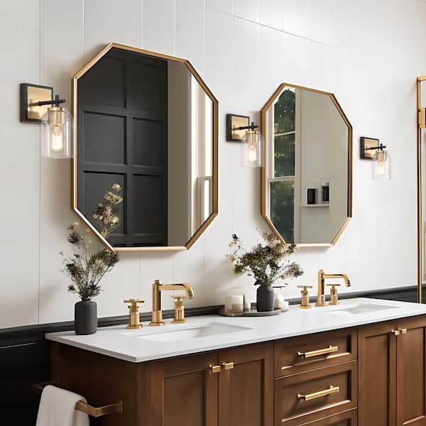Ephedra Modern 9.5 in. H 1-light Matte Black and Brass Wall Sconce with Clear Bell Glass Shade, Vanity Light for Bedroom