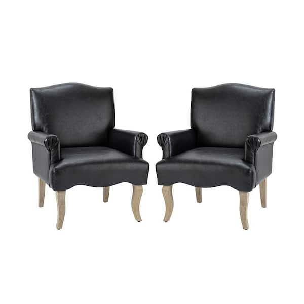 JAYDEN CREATION Benedict Vegan Black Leather Armchair with Wooden Legs Set of 2