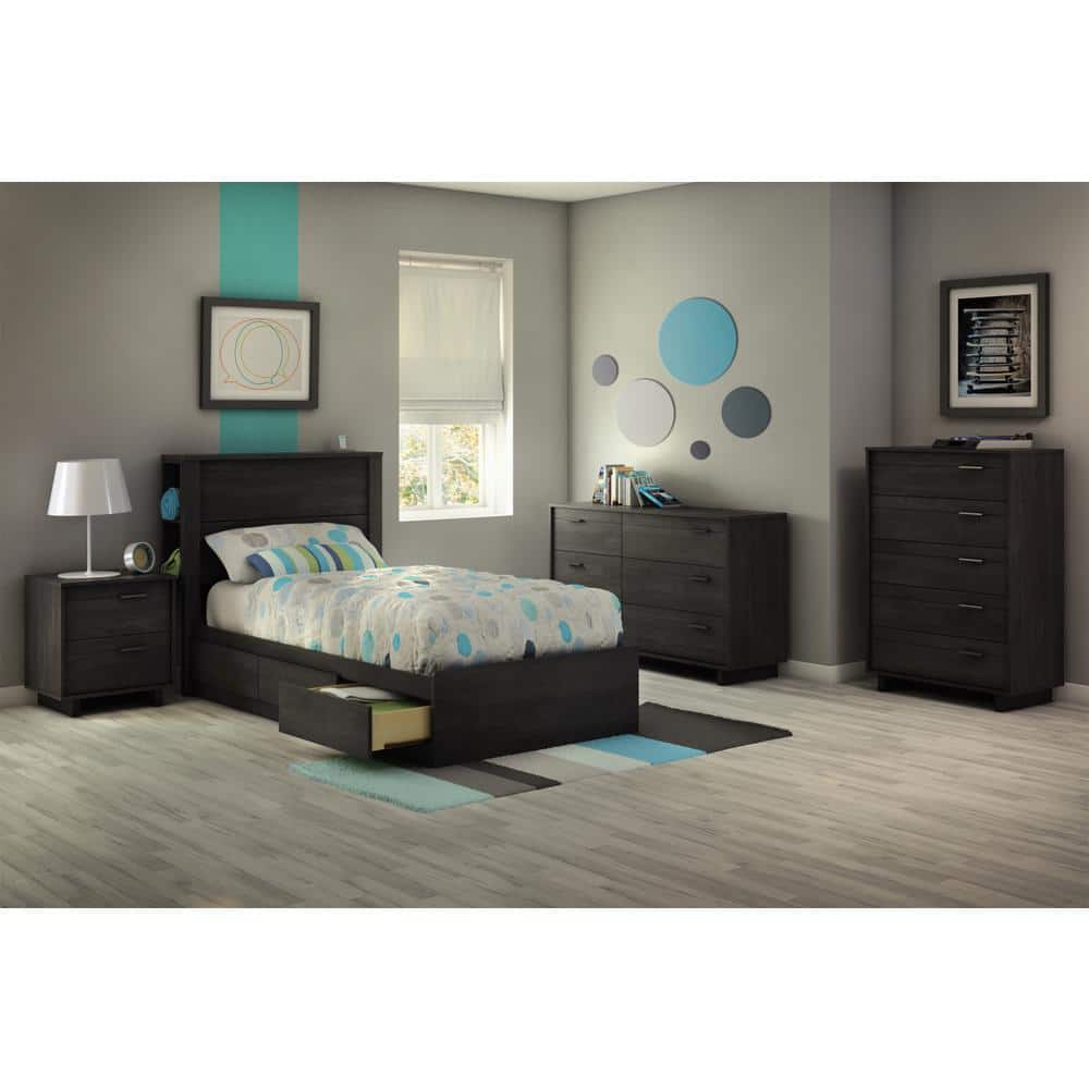 Gray Oak Twin Captain's Bed with 3 Storage Drawers