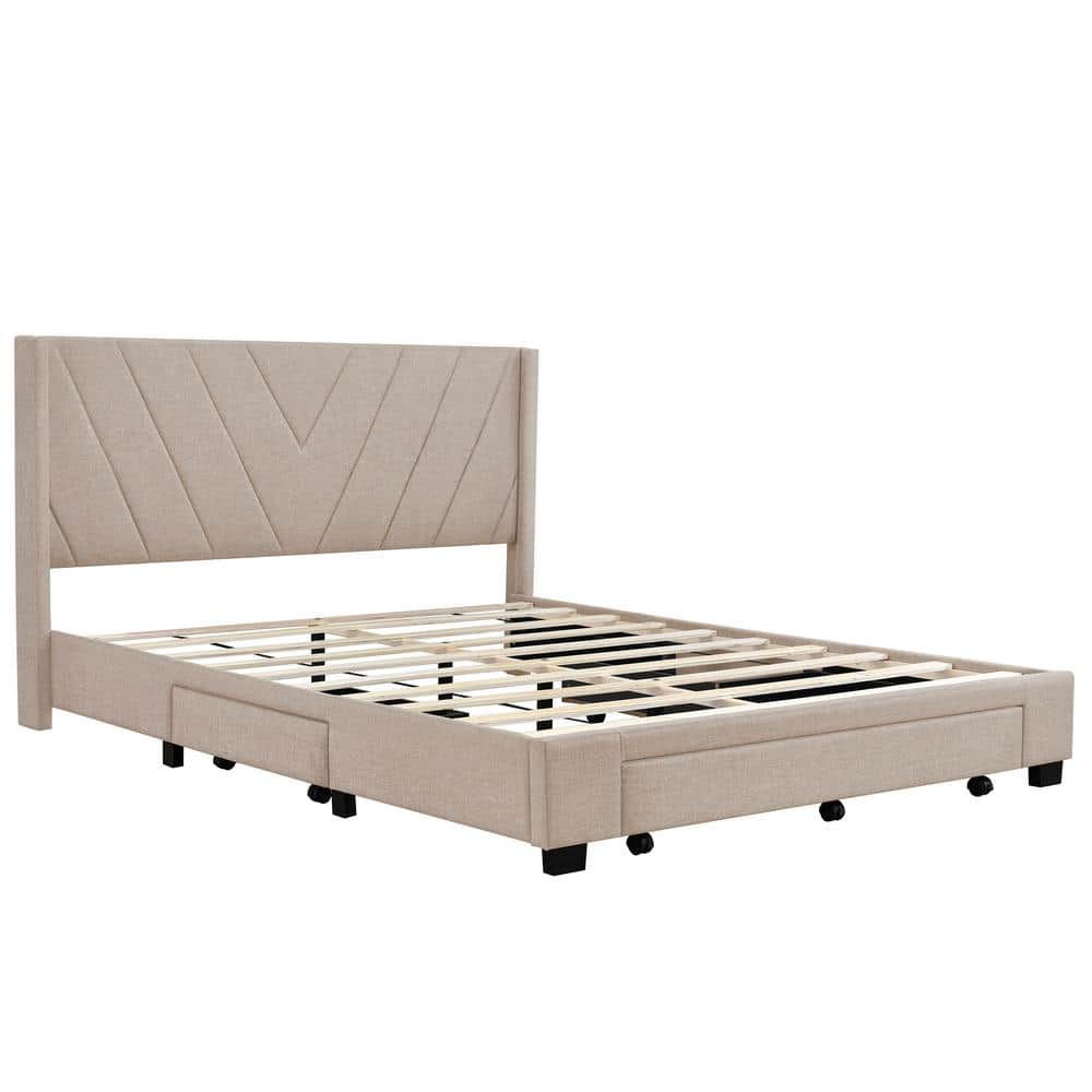 Beige Linen Upholstered Queen Platform Bed with Storage Drawers