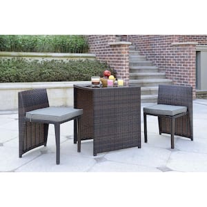 3-Piece Brown Wicker Outdoor Dining Set with Gray Cushions for Patio, Balcony, Backyard