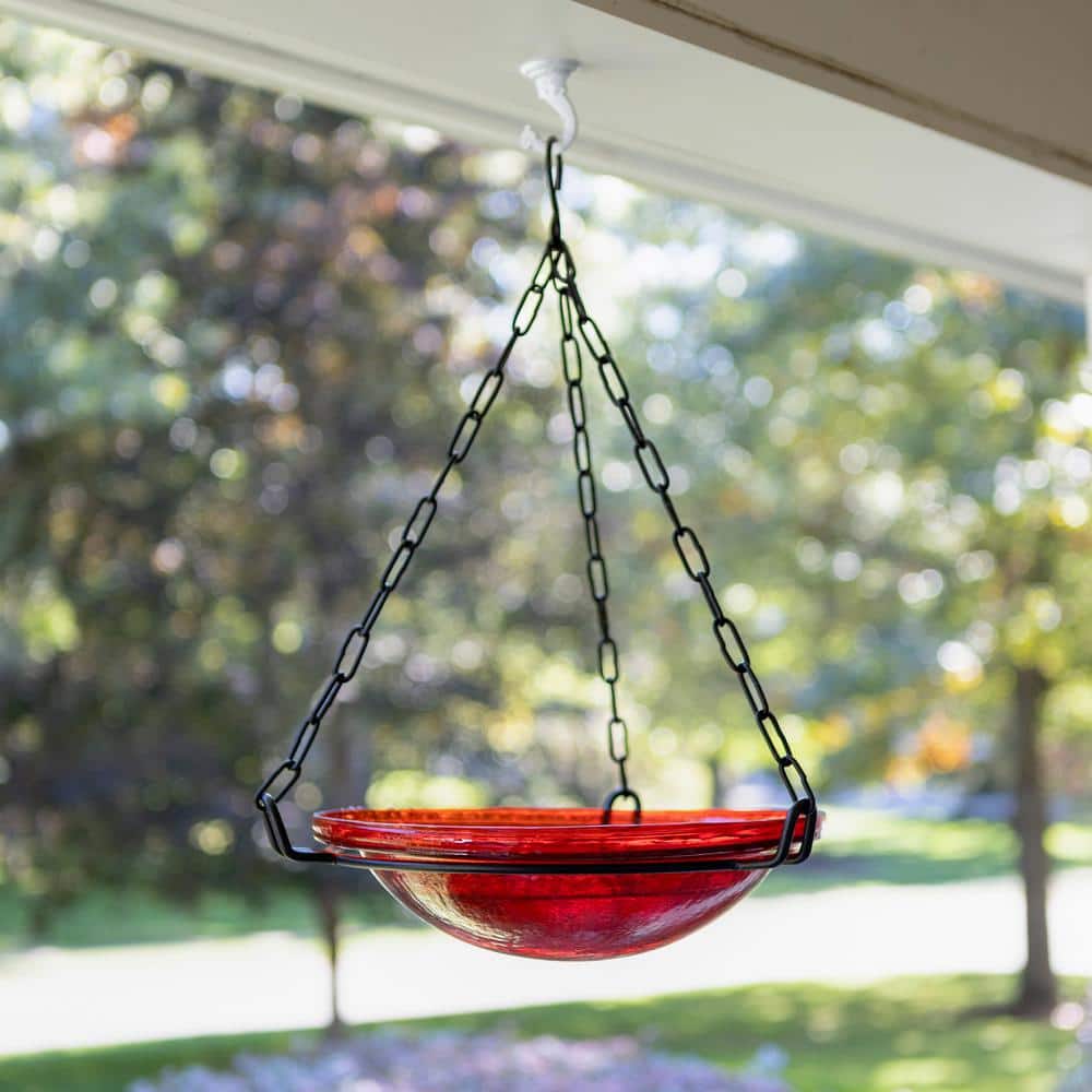 Red Crackle Glass Hanging Birdbath with Iron Chain