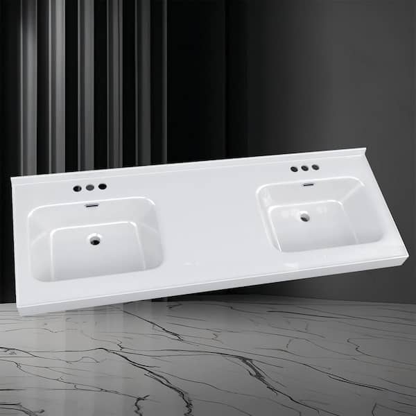 61 in. W x 22 in. D Solid Surface Resin White Vanity Top Rectangular Double Sink Bathroom Vanity Top in Glossy White