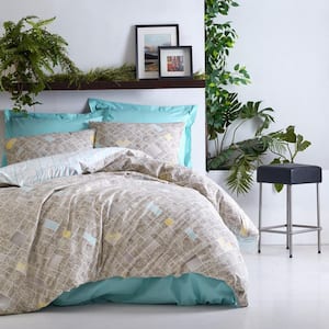 Beige Creations Duvet Cover Set Turquoise Full Size Cotton Duvet Cover 1-Duvet Cover 1-Fitted Sheet and 2-Pillowcases