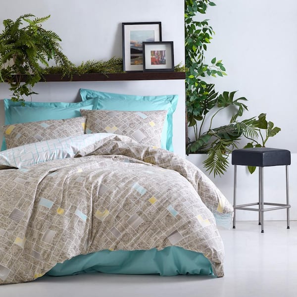 SUSSEXHOME Beige Creations Duvet Cover Set Turquoise Queen Duvet Cover Cotton 1-Duvet Cover 1-Fitted Sheet and 2-Pillowcases