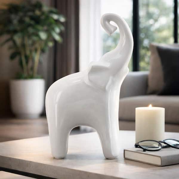 Liv & Skye White 6 in. x 11 in. Ceramic Modern Elephant Decorative