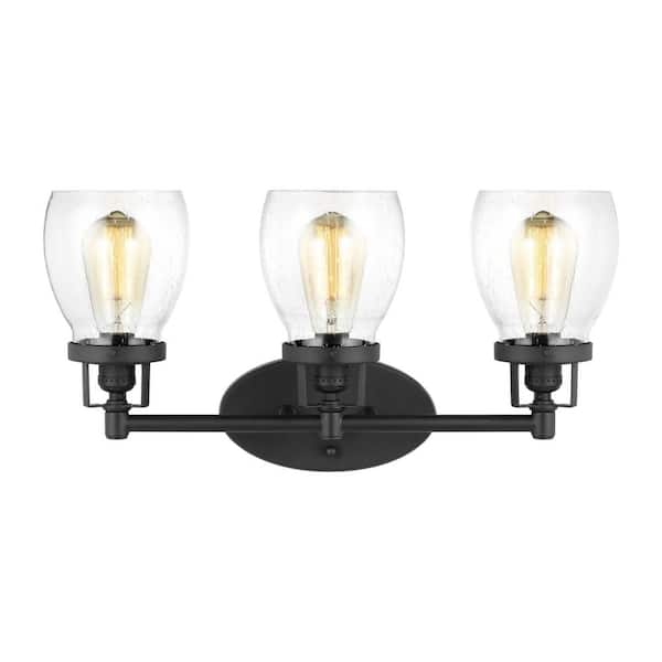 Generation Lighting Belton 21 in. 3-Light Midnight Matte Black Bathroom Vanity Light Clear Seeded Glass Shades